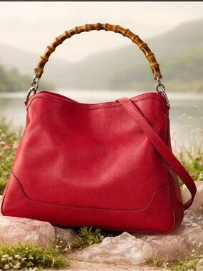 Gucci Red Leather Shoulder Bag with Bamboo Handle.